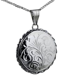 British Jewellery Workshops Silver 25mm engraved twisted wire edge flat round Locket with Curb chain