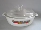 Vintage 1970s Fire-King Anchor Hocking Milk Glass " Natures Bounty " 1 1/2 Quart Baking Casserole Dish w/ Lid