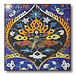 Black White Gold and Blue Lotus Motif Glass Mosaic Tile Print - 10x10 Wall Clock