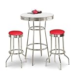 Chrome Bar Table & 2 Chrome Red Vinyl Seat Barstools