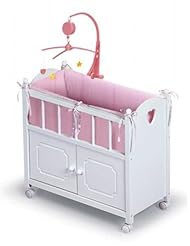 From Amazon.com. Click for details:
 Toy: Badger Basket White Doll Crib With Cabinet Bedding And Mobile - Pink/White - Badger Basket Toy: Badger Basket White Doll Crib With Cabinet Bedding And Mobile - Pink/White - Badger Basket
