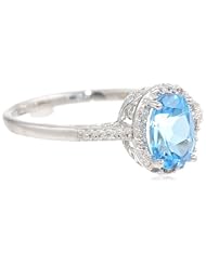 10K White Gold Oval Blue Topaz and Diamond-Framed Ring, Size 7