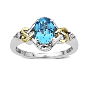 Sterling Silver and 14k Yellow Gold Diamond and Swiss Blue Topaz Ring (0.01 cttw I-J Color I3 Clarity) Size 6
