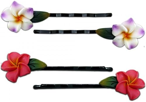 Fimo Hair Flower Mini Bobby Pin Set of 4 Plumeria White Purple with Yellow & Pink