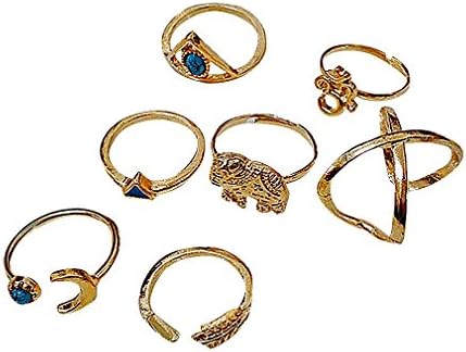 FanC, Women's Golden Turquoise Eclectic Hipster Mystic 7 Pieces Ring Set