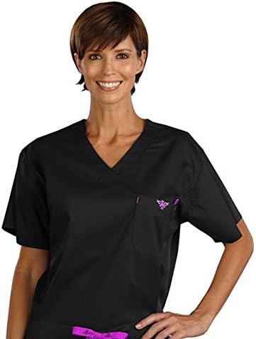 Peaches 'Med Couture 1-Pocket Top' Scrub Top Black/Raspberry logo Large