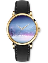 SPRAWL Aanalog Fashion Series Gold Ladies Watches of Genuine Black Leather Strap,Unique Wrist Watch for Women Girls Designed with Pine trees in the snow