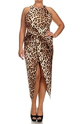 Plus Size Sexy High-Neck Slit Leopard Print Midi Dress 