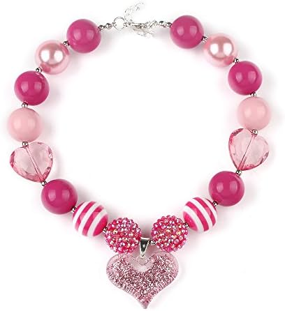 Bouren Girls Glitter Heart Pendant Chunky Bubblegum Pretty Bead Necklace