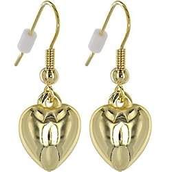 Gold Toned PUFFED HEART Dangle Earrings