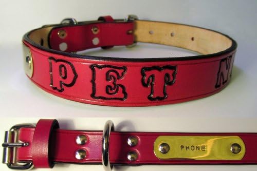 Personalized Red Leather Dog Collar with Name Tag (20 inch neck size)