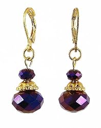 Earrings - E481 - Faceted Metallic Plated Glass Beads Hung on Gold Tone Leverbacks ~ Purple Gold