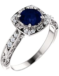 18K White Gold 6.00mm Round Cut Chatham Created Sapphire and Diamond Ring -- LIFETIME WARRANTY