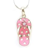 Light Pink Flip-flop Beach Sandal Necklace Charm Pendant White Polka Dot Silver Tone Crystal Summer Jewelry