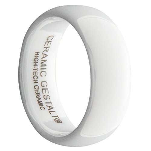White Ceramic Ring by CERAMIC GESTALT® - 8mm Width. Domed & Polished Design (Avail. Sizes 5 to 14).