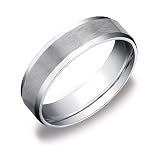 10k White Gold 6mm Comfort Fit Mens Wedding Band w  Satin Center Featuring High Polished Beveled...