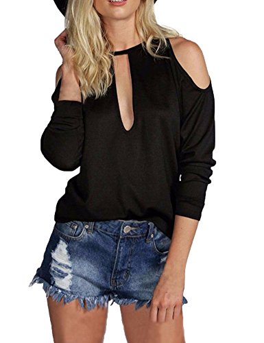 Allegrace Women Sexy Slit Open Front Cold Shoulder T Shirts Fashion Tee Tops Black M