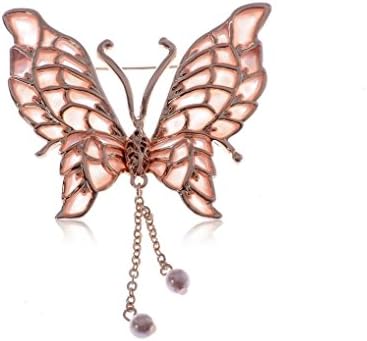 Spicy Key Elegant Dangling Faux Pearl Peach Enamel Golden Tone Lined Butterfly Pin Brooch