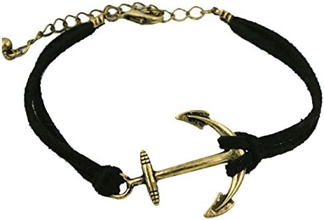 ETSYG Chic Nautical Anchor Bracelet Vintage Bronze Black Leather Rope Bangle Simple Charm Punk Style