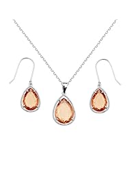 .925 Sterling Silver Rhodium Plated Chamagne Framed Teardrop Earring and Pendant-Necklace Set with Rolo Chain - 16"+1" Inches Extension
