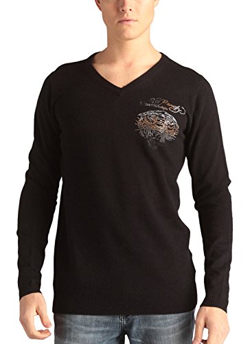 Ed Hardy Men's Long Sleeve Tiger With Rhinestone V-Neck Sweater - Black
