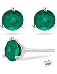 0.90 Cts of 5 mm AAA Round Russian Lab Created Emerald Stud Earrings in 14K White Gold-Screw Backs
