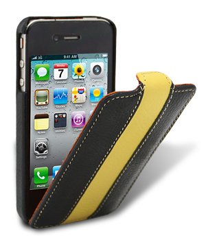 Melkco - Apple iPhone 4s / iPhone 4 Ultra Slim Handmade Premium Genuine Cowhide Leather Case Jacka Flip Type Black w/ Yellow Stripe