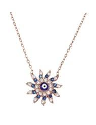 Evil Eye Sun Shaped CZ Encrusted Rose Gold Tone Sterling Silver Chain Necklace 17"