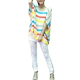 Allegra K Women Scoop Neck Bar Striped Half Bat Sleeve Shirt Colorful S