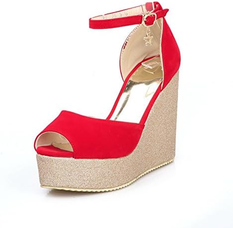 QueenFam Girls Open Peep Toe High Heel Platform Wedge PU Soft Material Solid Sandals with Buckle, Red, 39