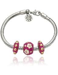 14k Gold Plated Hot Pink Enamel 3 Slides Girls Bracelet Accented with White Enamel Center Flowers Design