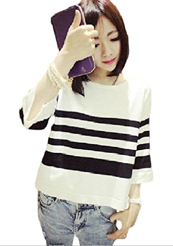 ナナコレクション Nana_Collection 2015 春 七分袖 ストライプ ニット ラウンドネック ガーリー レディース 通勤 7分丈 シンプル 爽やか カラー ホワイト ブラック サイズ フリー