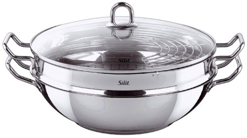 Silit 0081603211 Wok DimSum 32 cm Ø mit Glasdeckel, Dünstrost und Dünsteinsatz