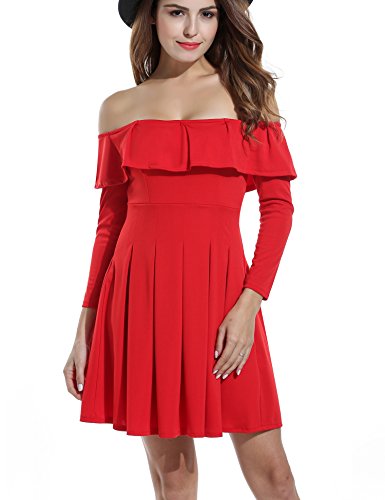 Zeagoo Women Off Shoulder Ruffles Long Sleeve Cocktail Party Pleated Dress