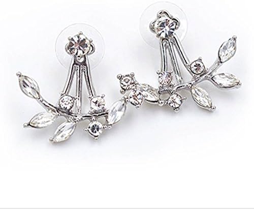 Xiangfeigao Women's Alloy Crystal Leaf Back Hanging Stud Earrings Silver