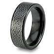 Black Plated Polished Tungsten Carbide Ring with White Intricate Laser Design (8.0mm) - Sizes 7 - 13