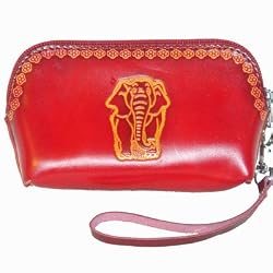 Genuine Leather Wristlet Change Purse, Red Elephant Pattern Embossed, Truly Handmade.