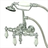 IMAGE OF Vintage Clawfoot Tub Faucet with Hand Shower and Porcelain Lever Handle Finish: Satin Nickel