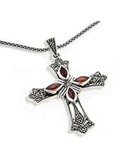 Sterling Silver Garnet and Marcasite Cross Pendant with 18" Antiqued Necklace