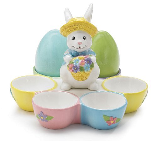 Adorable Bunny Rabbit Egg Plate/Holder Cute Design Holding Basket Of Flowers