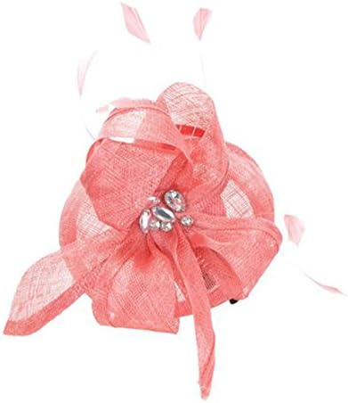 Flower Feather Diamond Jewel Sinamay Fascinator Headband Clip (Coral)