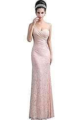 Summer 2015 One Shoulder Sleeveless Sheath Floor Length Beaded Lace Evening Dress/Bridesmaid Dress/Prom Dress/Party Dress/Wedding Dress 