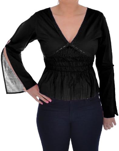 Womens Long Sleeve V Neck Cropped Elasticated Gathered Blouse - Black - L