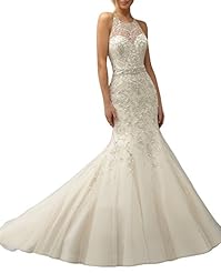 Sexy Lace Sheer Beaded Mermaid Tulle Halter  Dress with a Brush/Sweep Train 