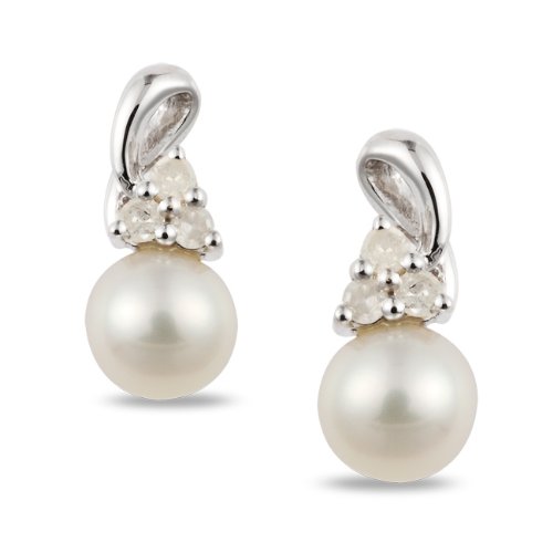 Sterling Silver 1/8 CT TDW Diamond White Freshwater Pearl Ear Pin Earrings (8-8.5 mm) (I3)
