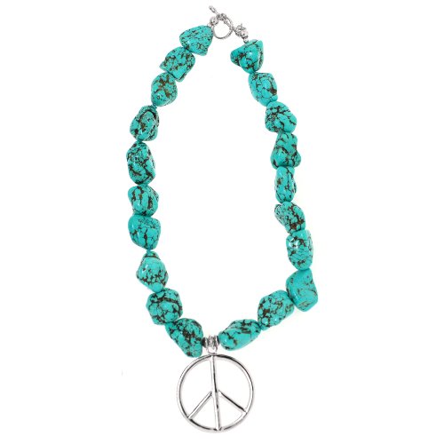 Sterling Silver Peace-Sign on Genuine Turquoise Nugget Necklace, 16″
