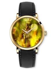 SPRAWL Aanalog Fashion Series Gold Ladies Watches of Genuine Black Leather Strap,Unique Wrist Watch for Women Girls Designed with Wheat in a blurred landscape