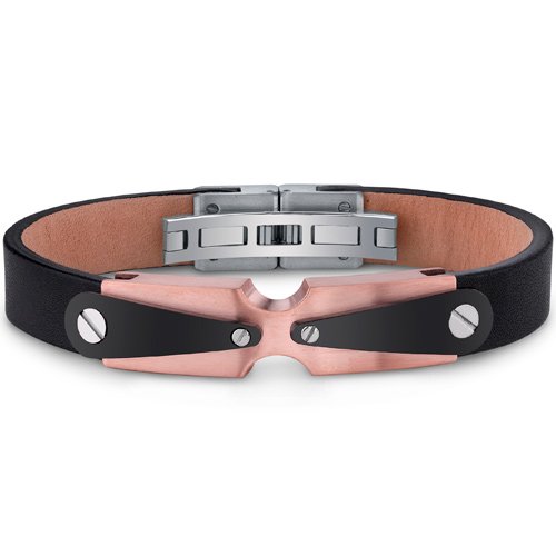 Revoni – Bracelet Homme – Cuir – Acier inoxydable – Noir & Or Rose Revoni – Bracelet Homme – Cuir – Acier inoxydable – Noir & Or Rose