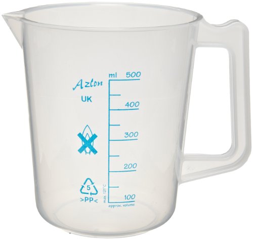 Azlon 526475-0500 500m L Intermediate Form Polypropylene Graduated Beaker / Lab Pitcher With Handle, Printed Graduations