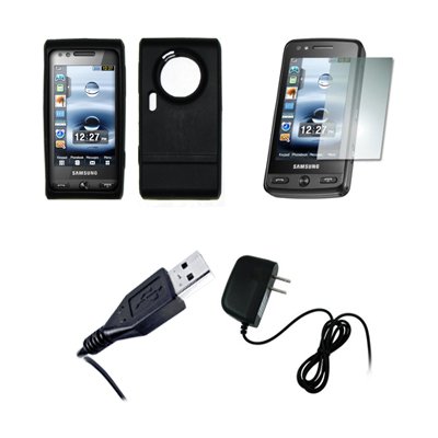 Black Silicone Skin Cover Case + Screen Protector + Home Wall Charger + USB Data Cable for Samsung Memoir T929
